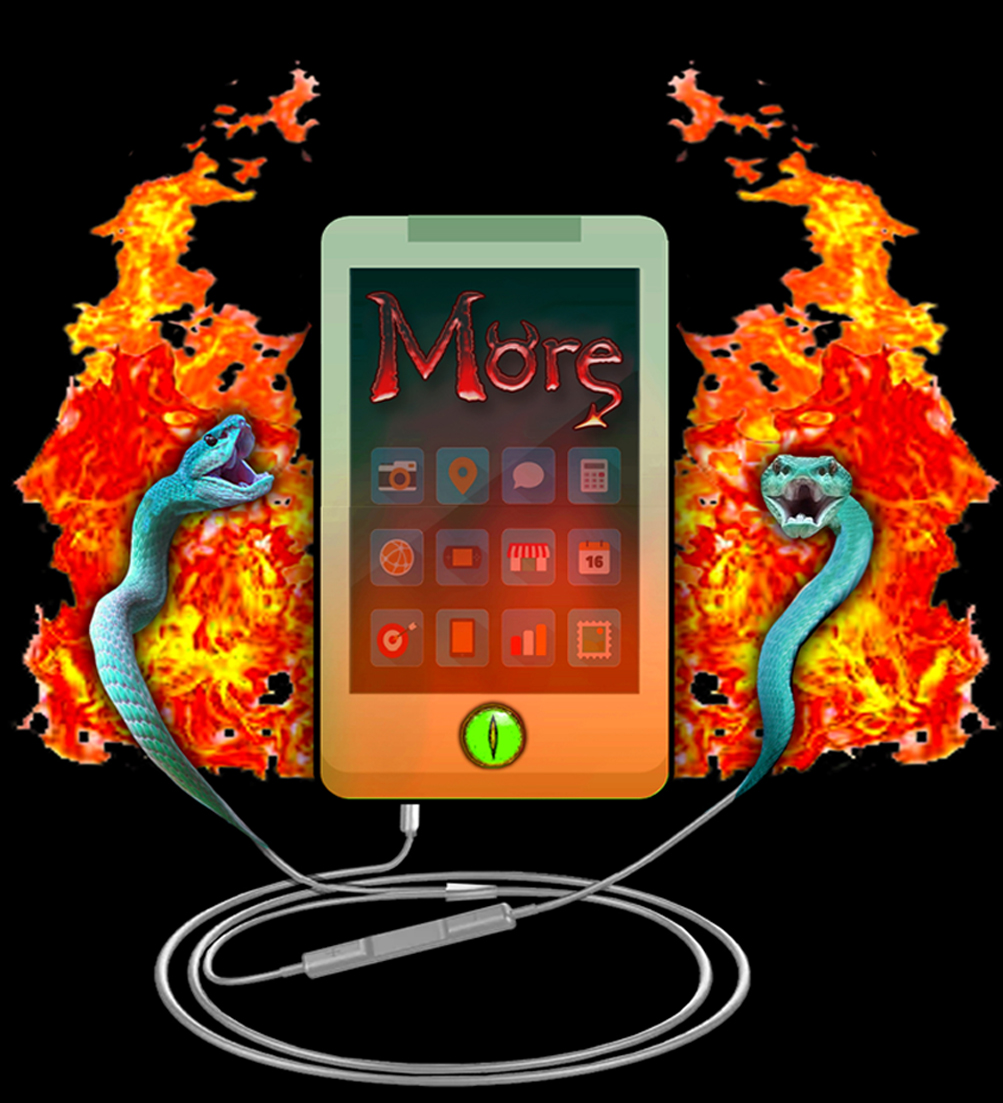 Phone playing audio with earbuds turning into snakes