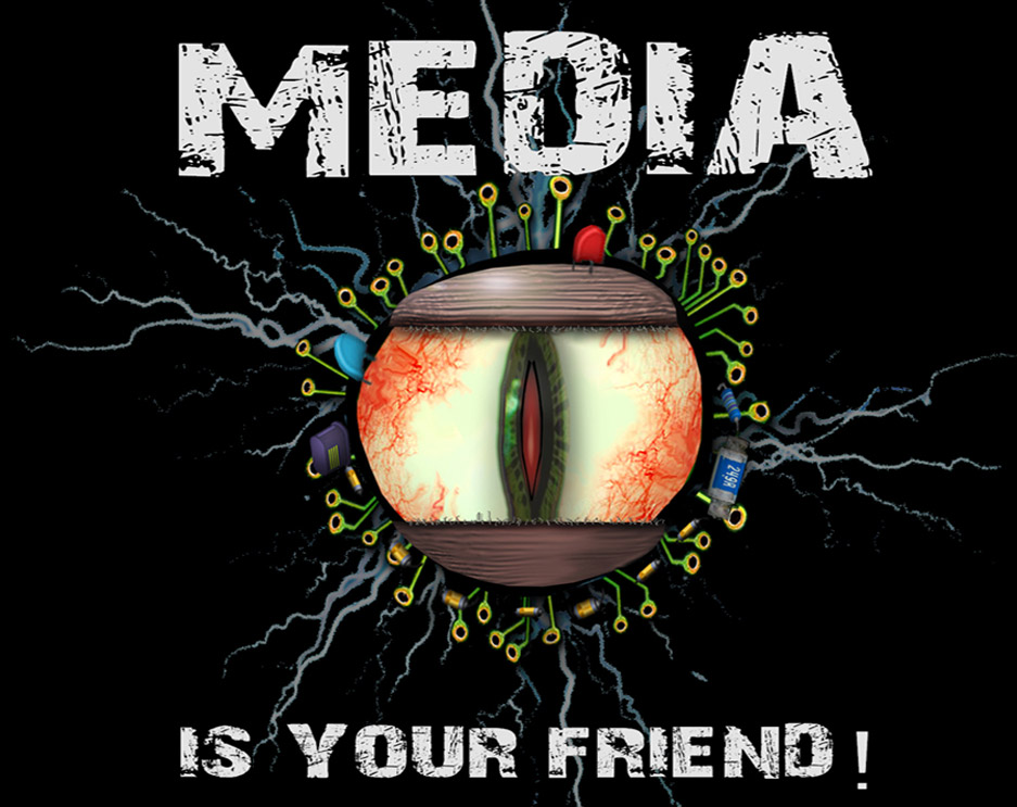 Stylized eyeball with vertical pupil surrounded by text reading Media is your Friend